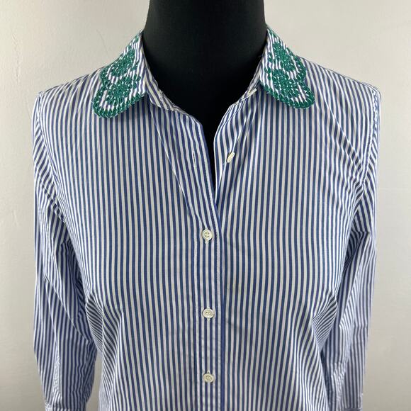 J.Crew Perfect Eyelet Trim Stripe Shirt Blue White Embroidered Button Down Sz 2 - Picture 2 of 10